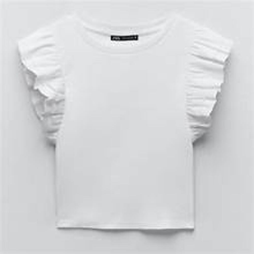 ZARA Ruffled Tee in White Medium M